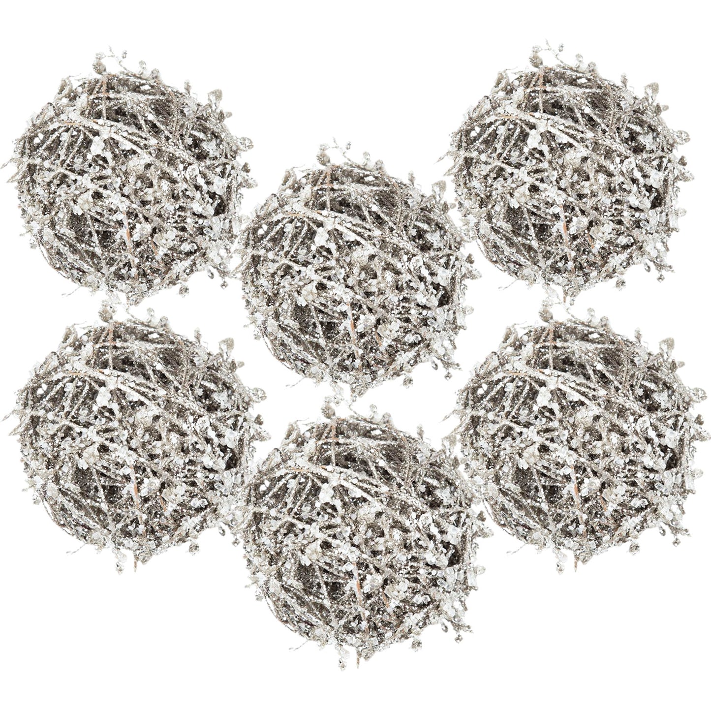 Six rustic silver glitter twig orbs ideal for festive home decor or Christmas tree ornaments