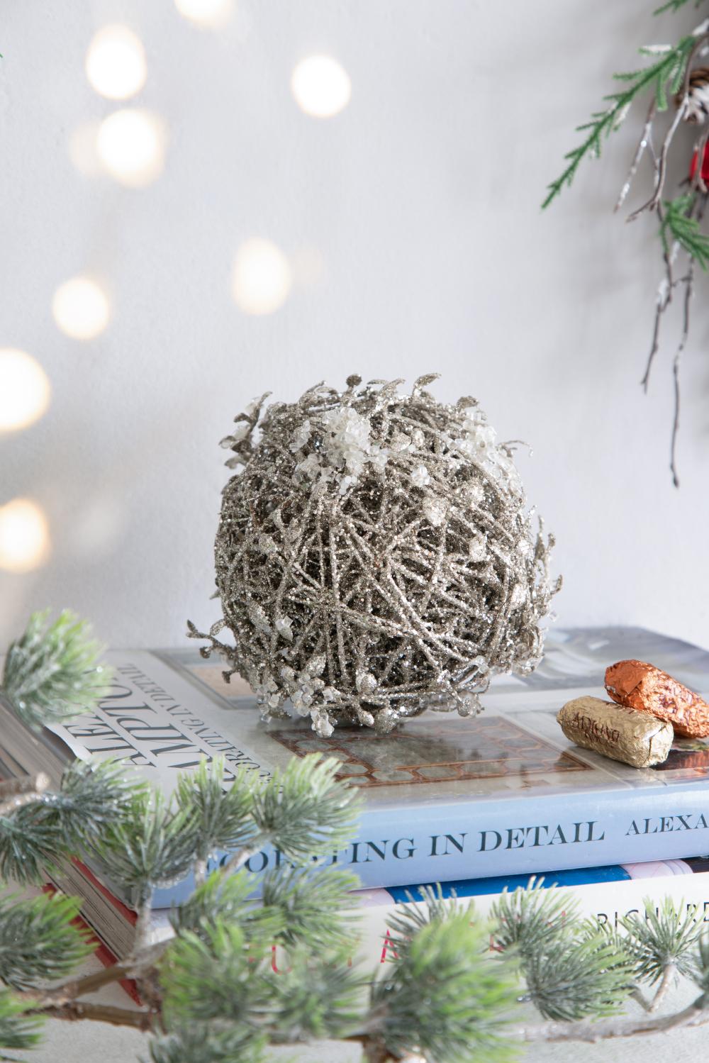 Silver glitter orb with crystal accents festive holiday decor