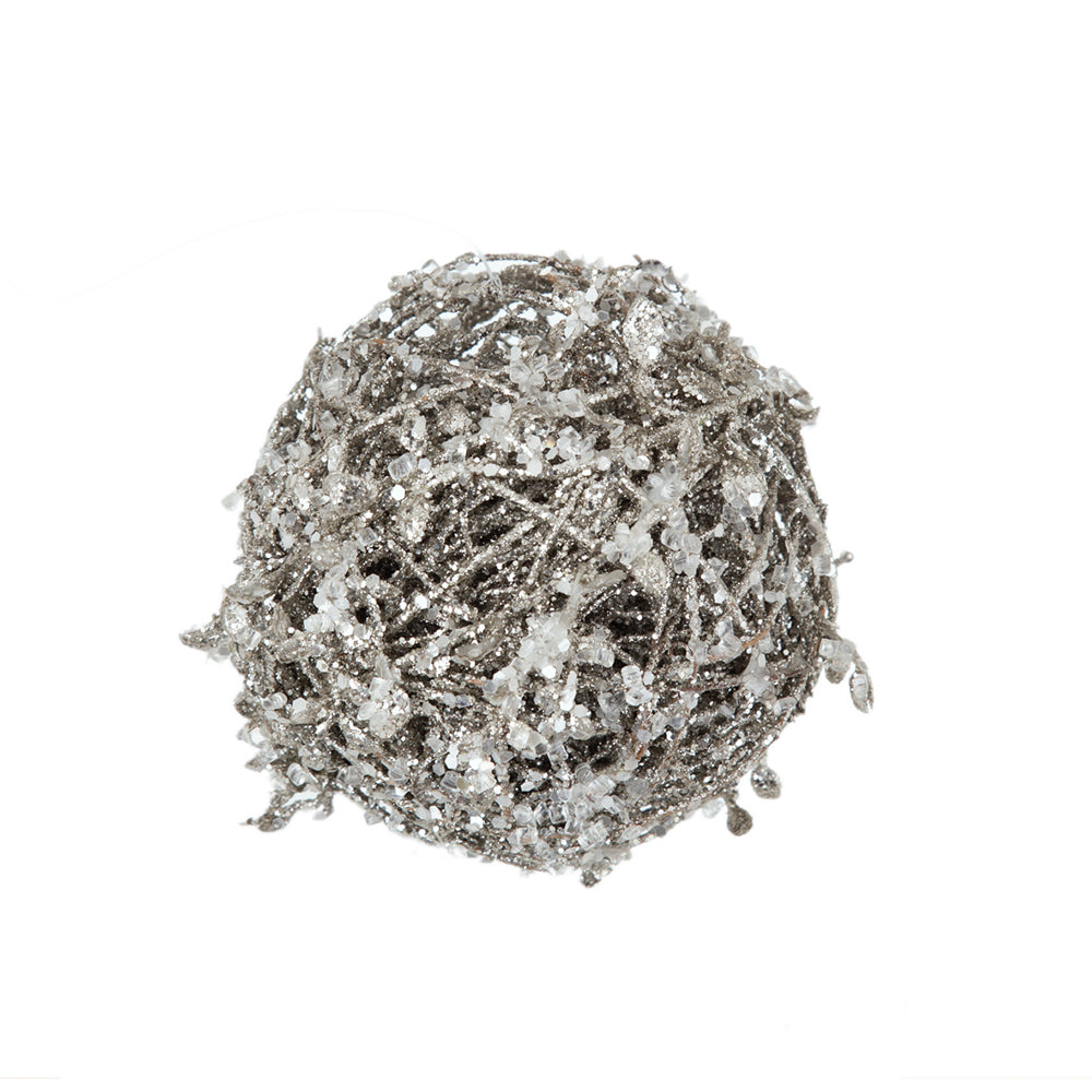 Glittery silver Christmas bauble with delicate bead accents ideal for festive decor