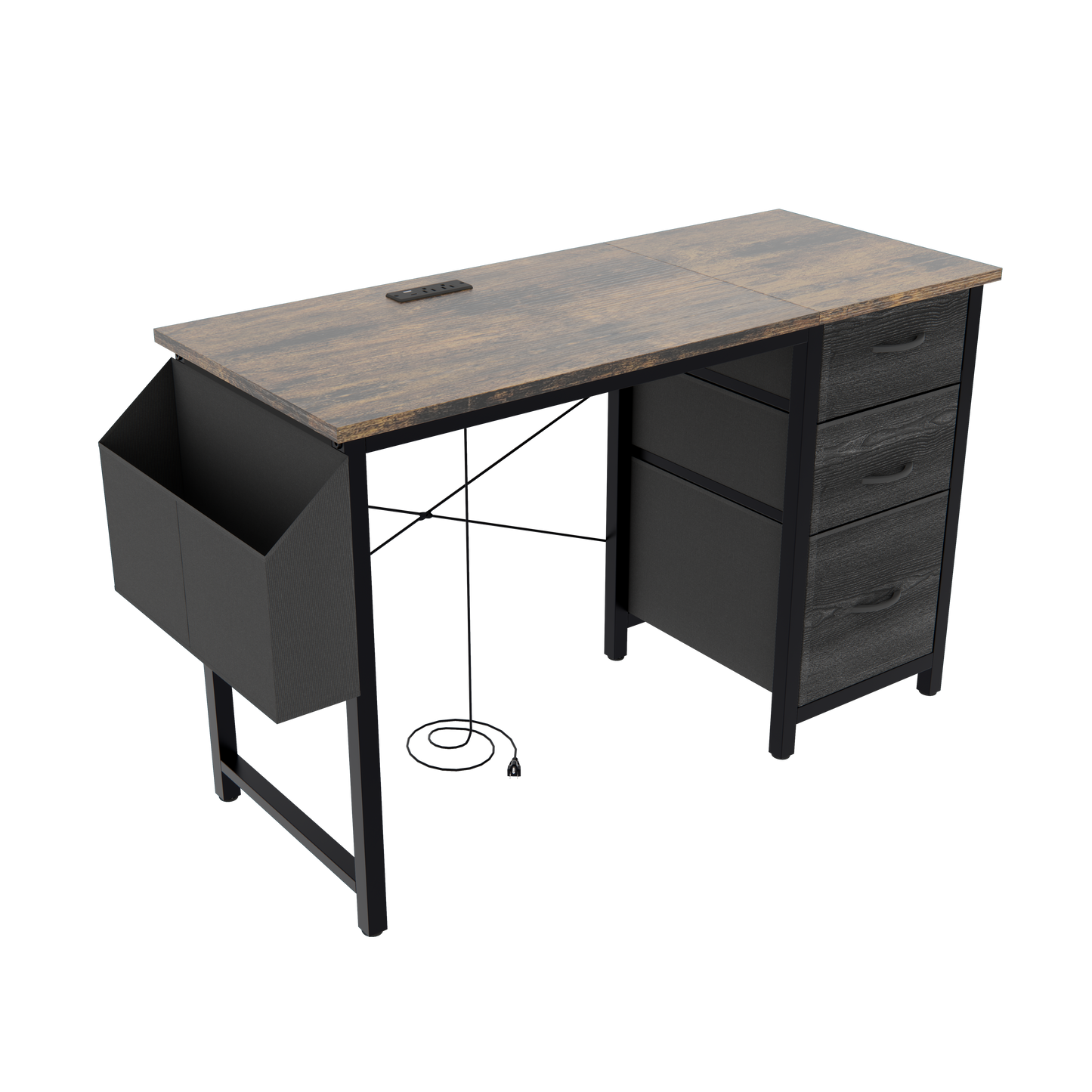 Rustic wood finish compact desk with drawers magazine rack and builtin power outlet for home office