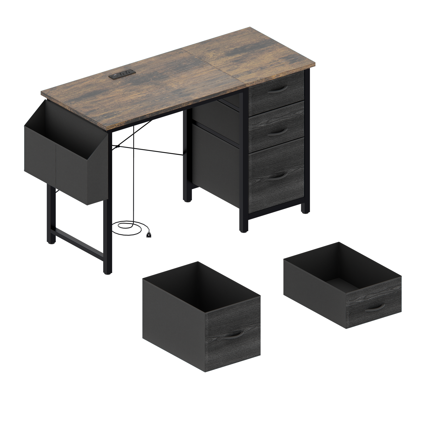 Modern rustic computer desk with builtin power outlet and drawers