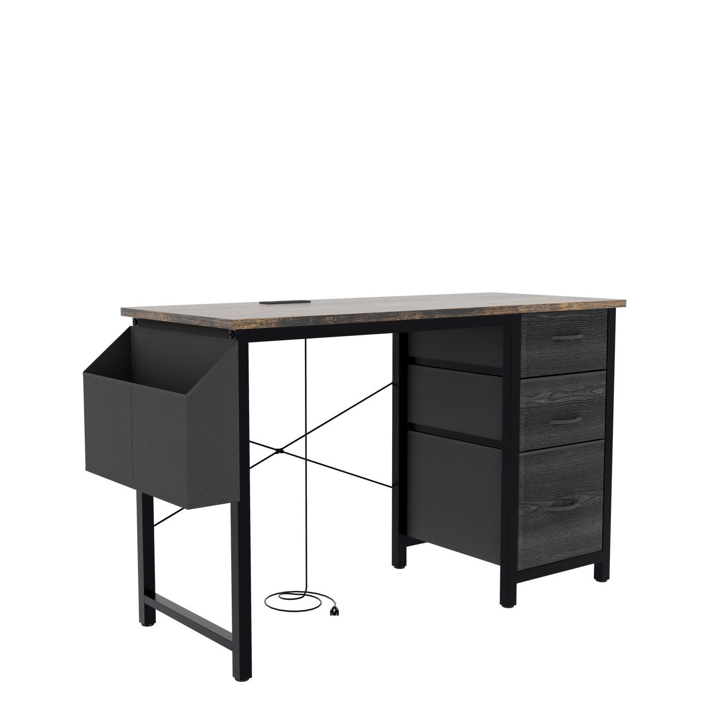 Modern writing desk with rustic wood top black metal frame and gray fabric bin