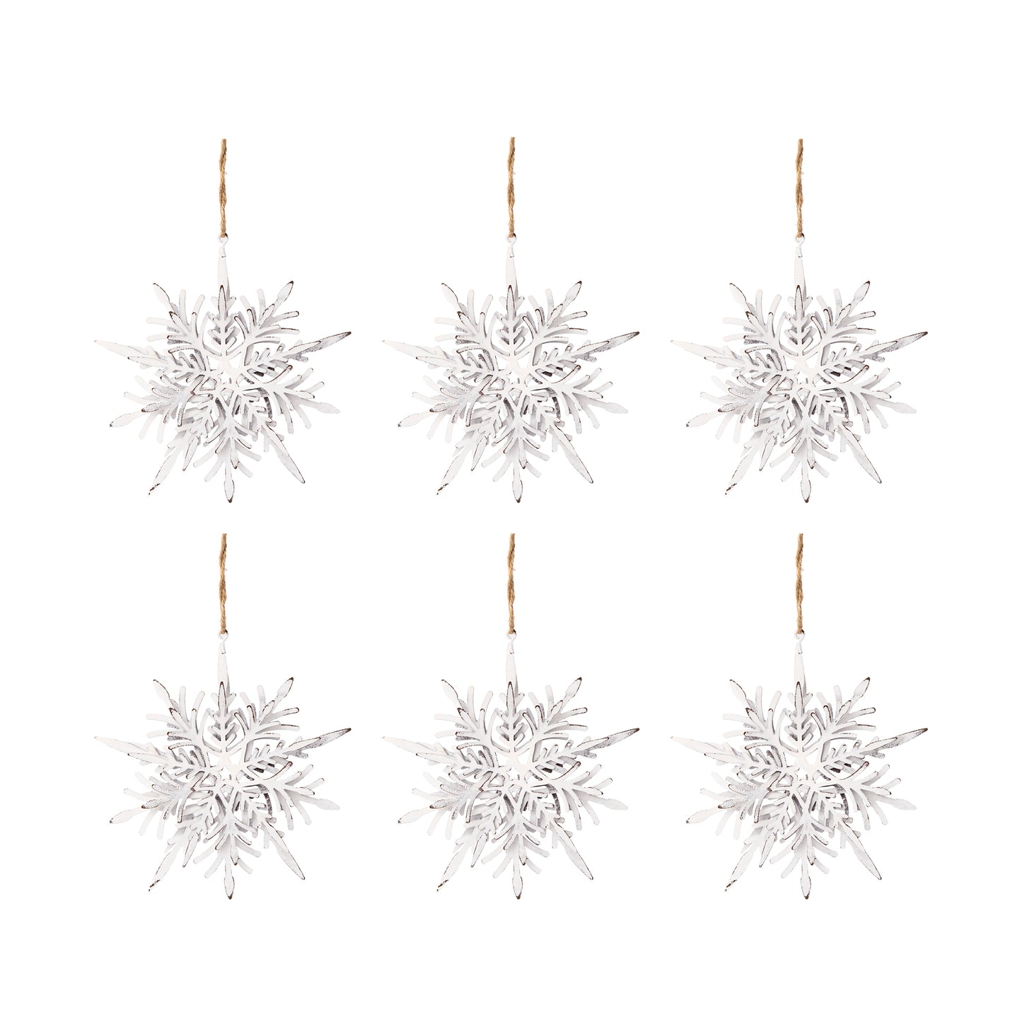 Distressed white wooden snowflake ornaments set of six hanging by twine