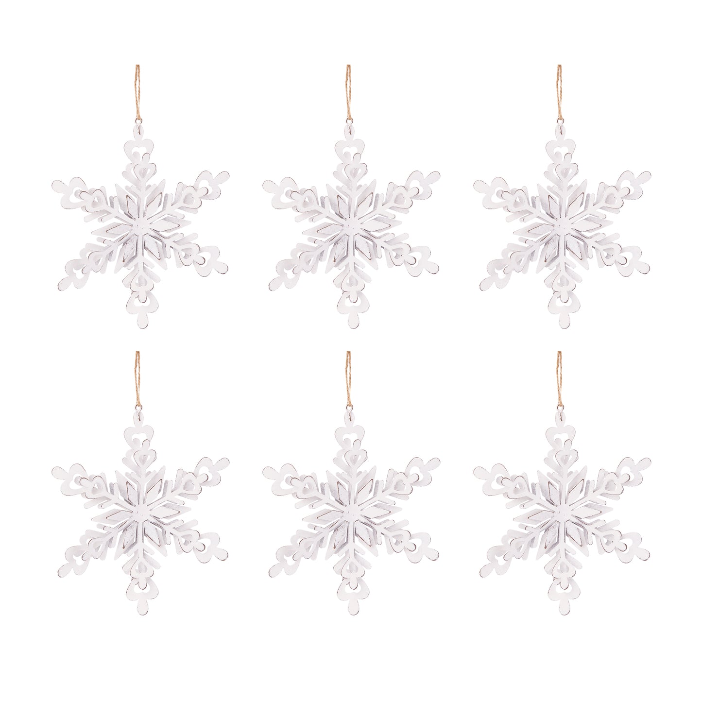 Set of six white wooden snowflake ornaments perfect for festive winter decor