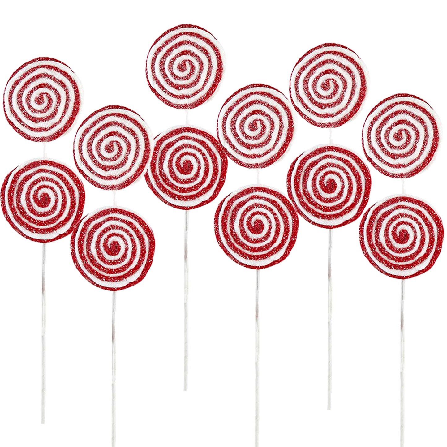 Red and white glitter swirl lollipops on white sticks set of