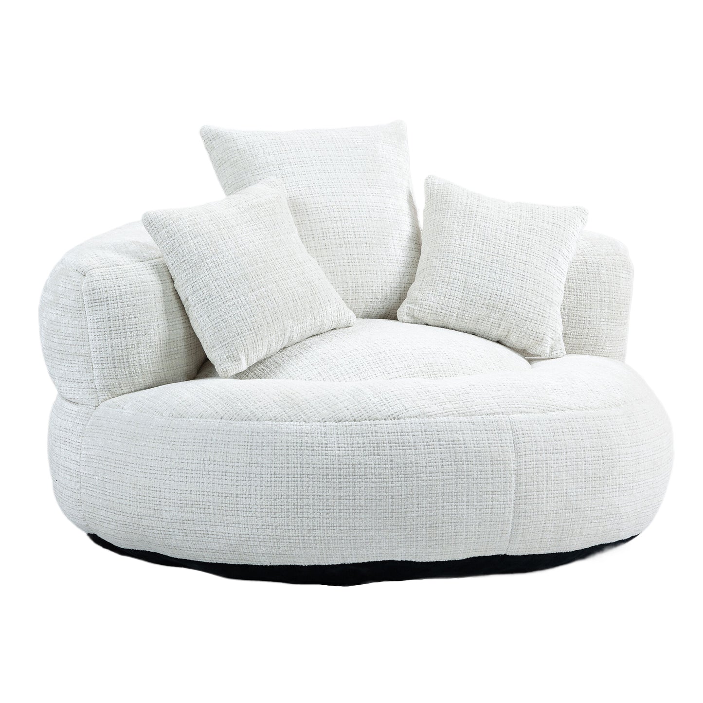 Plush white boucle fabric accent chair with plush cushions and round base for living rooms
