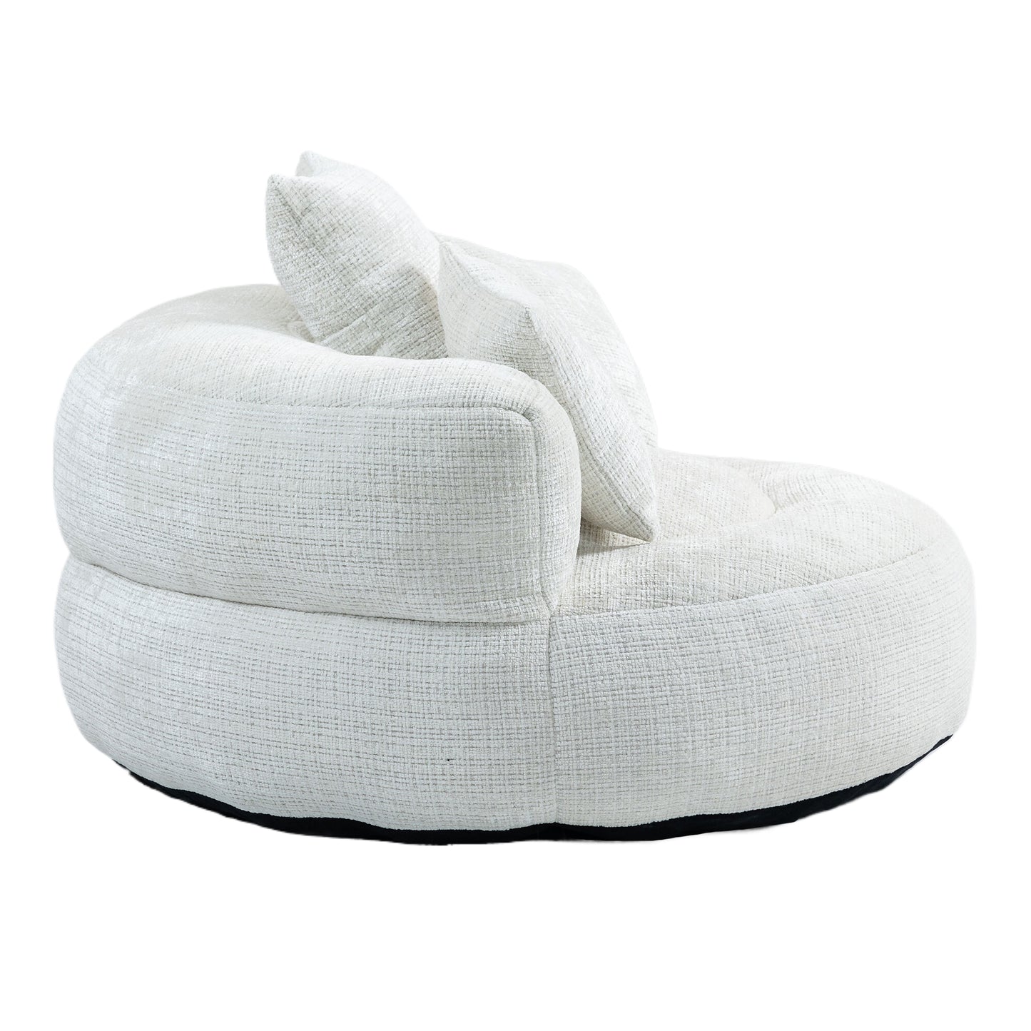 Plush ivory boucle accent chair with comfortable rounded silhouette and two throw pillows