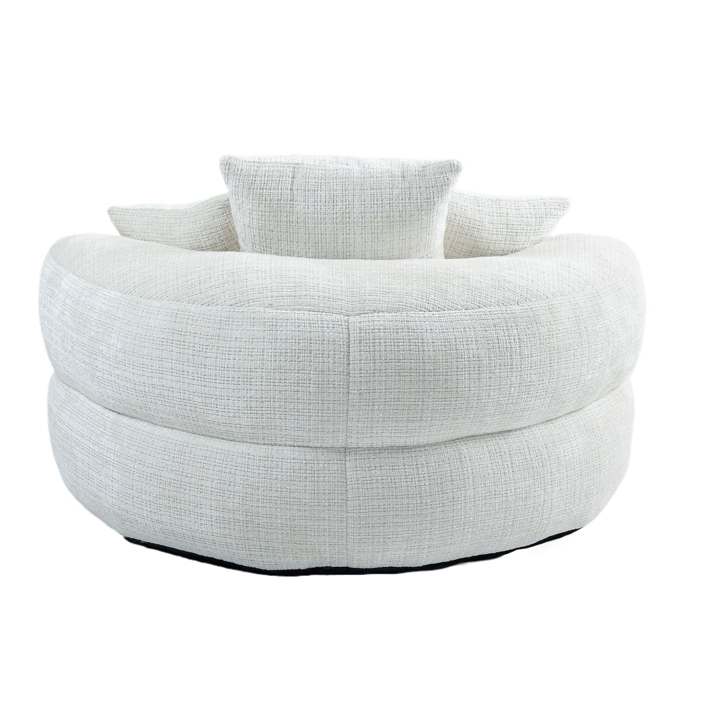 Plush round offwhite boucl armchair with integrated lumbar cushions for comfort