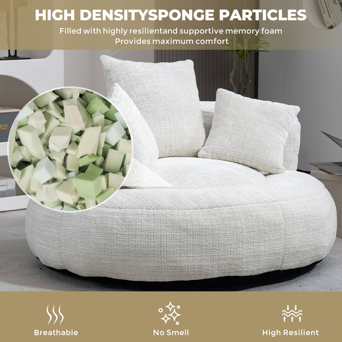 Round cream boucle armchair with plush cushions featuring highdensity foam filling for maximum comfort