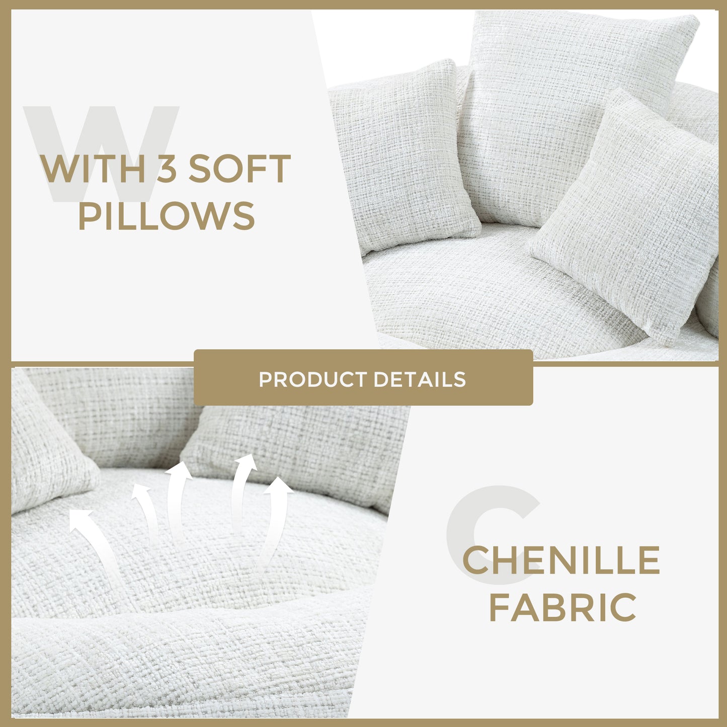 Closeup of plush white chenille fabric sofa with three soft square pillows