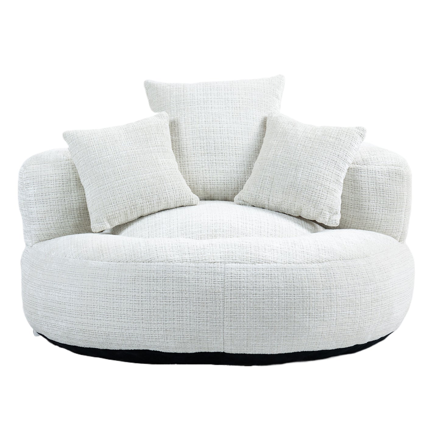 Plush white swivel chair with textured fabric and three comfortable throw pillows