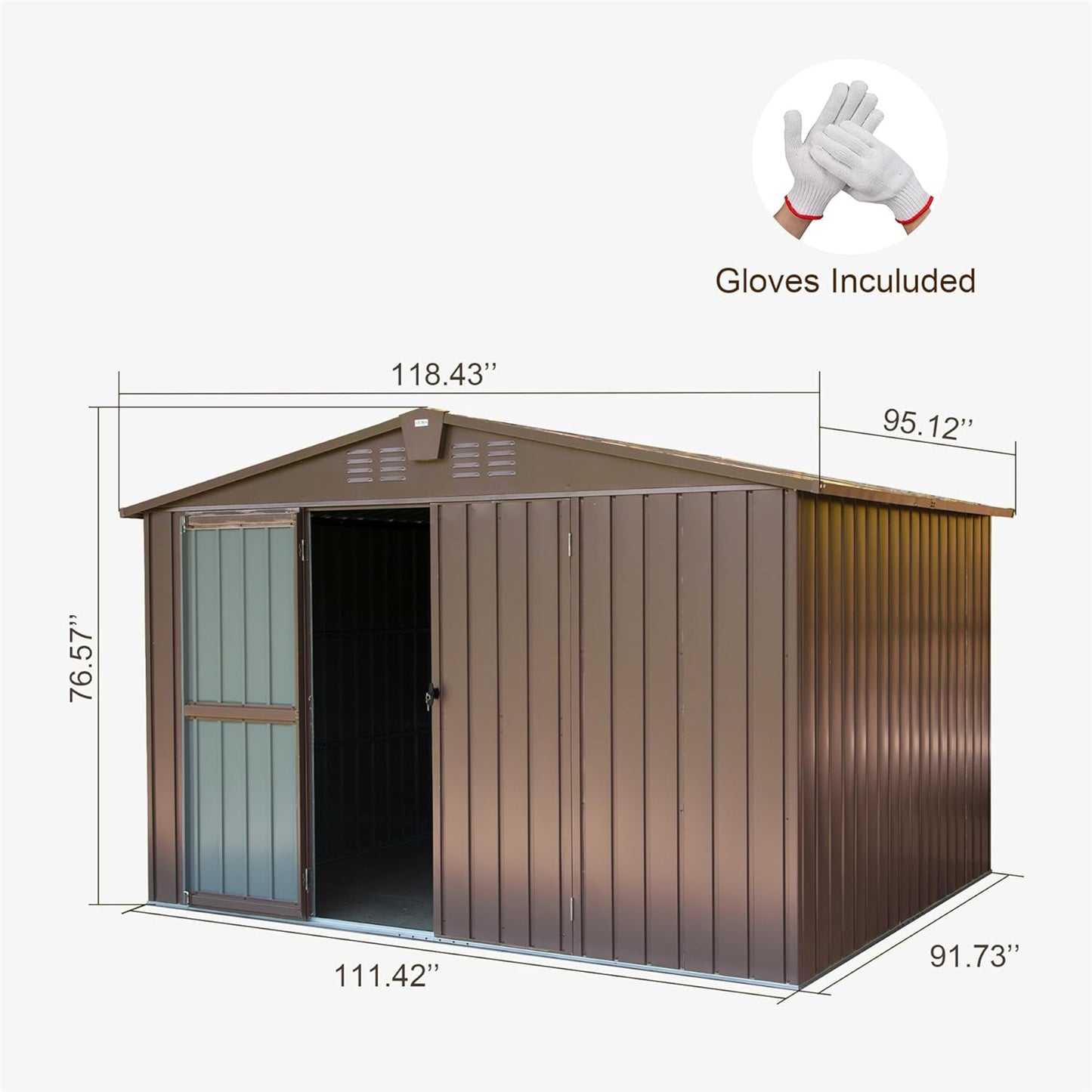 Brown metal garden shed with double doors and ventilation ideal for outdoor storage