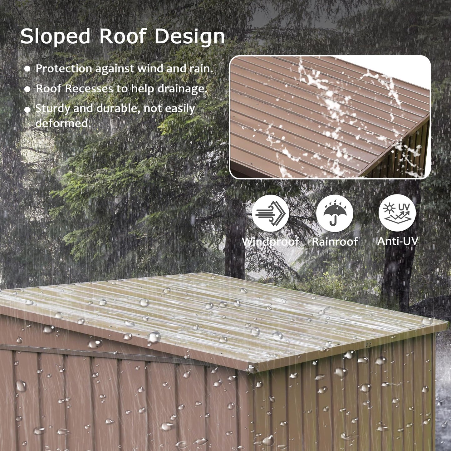 Sloped roof design of outdoor storage shed protects against wind and rain