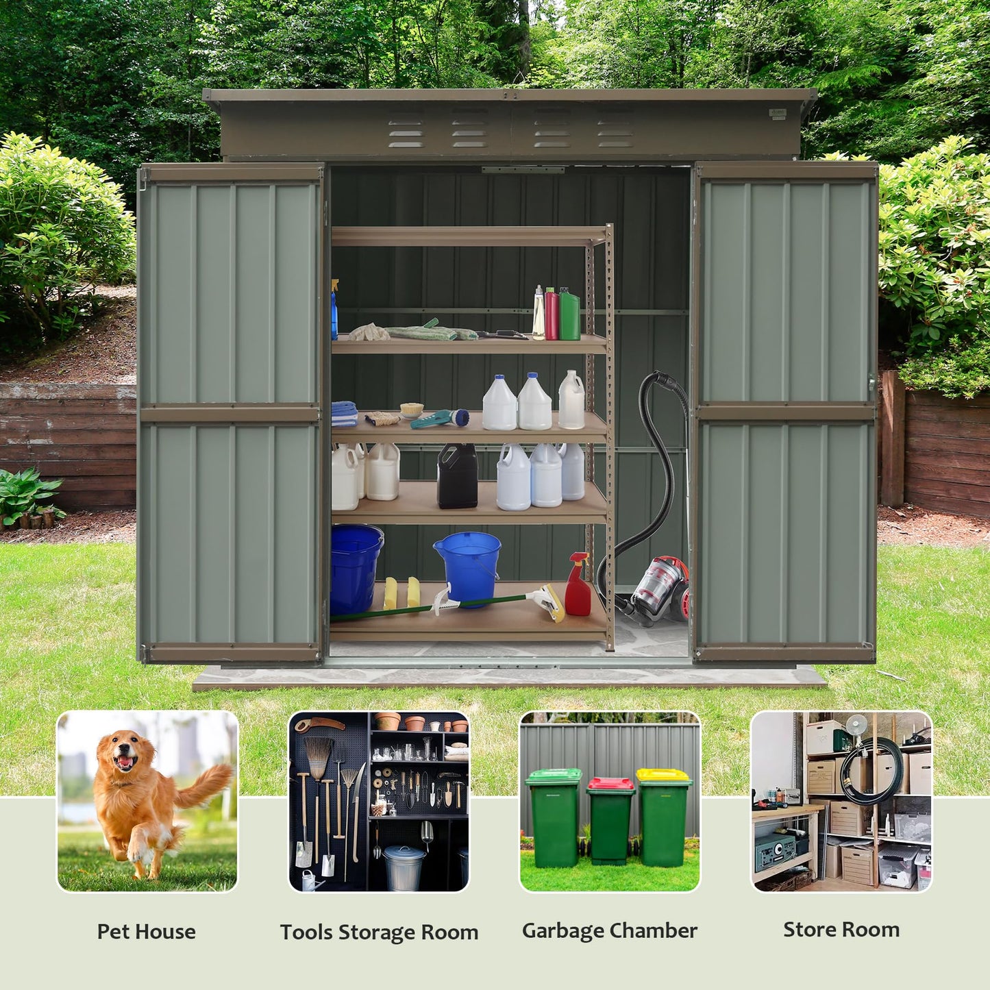 Outdoor storage shed with sliding doors and shelves holding cleaning supplies