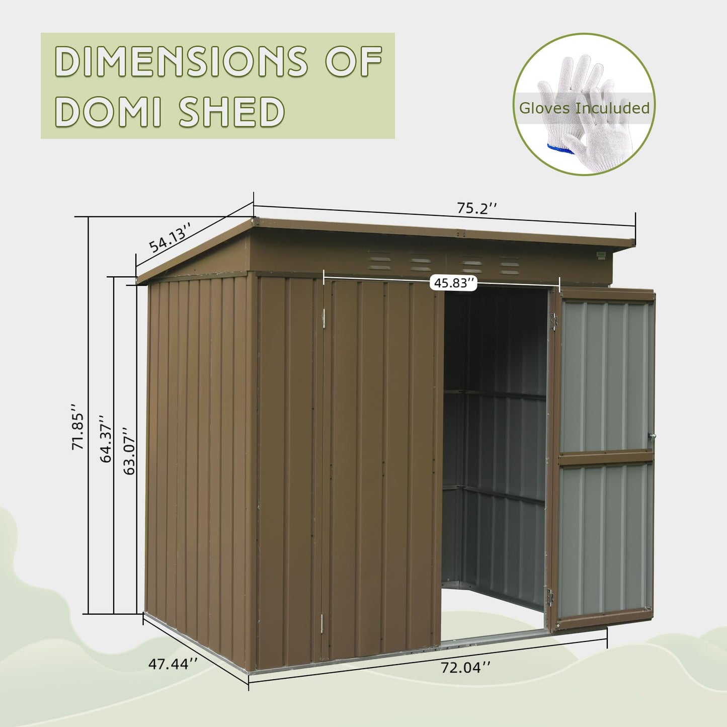Brown metal DOMI shed with open double doors and dimensions labeled