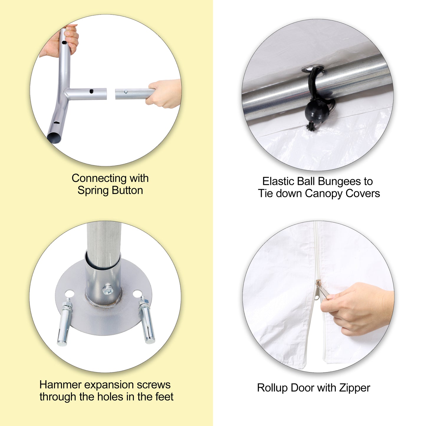 Connecting silver tent poles with a spring button for secure assembly