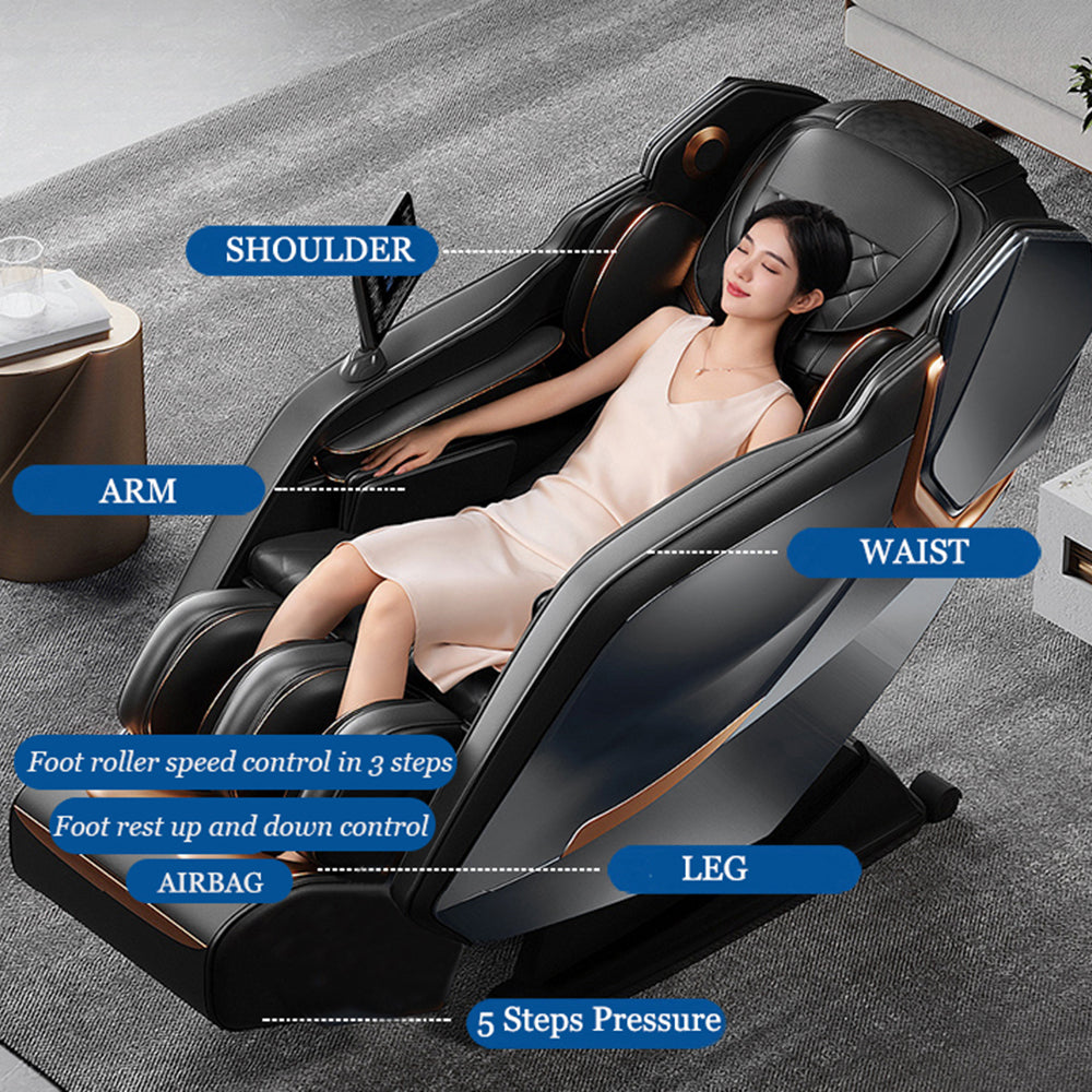 Luxury black massage chair with integrated shoulder arm waist and leg support