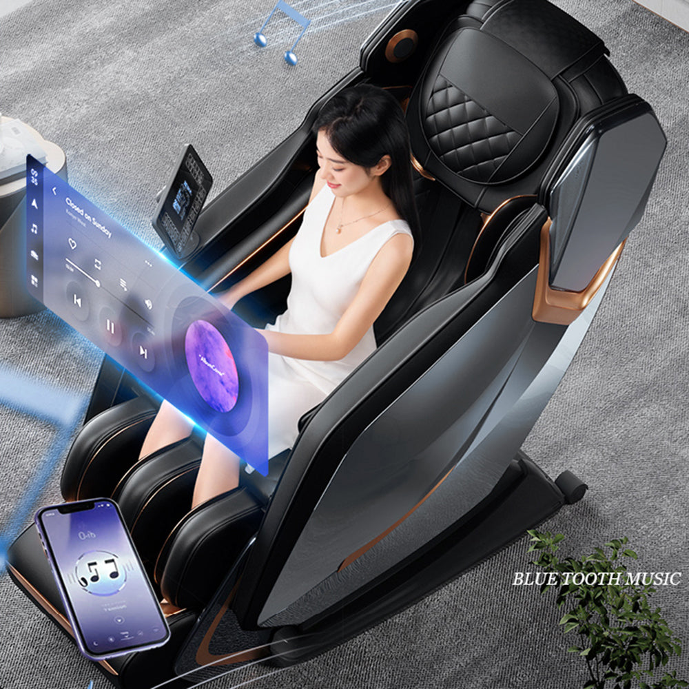 Luxury black massage chair with integrated Bluetooth music control for ultimate relaxation