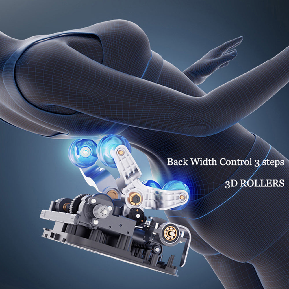 Closeup of D massage rollers on a digital human body model showcasing back width control