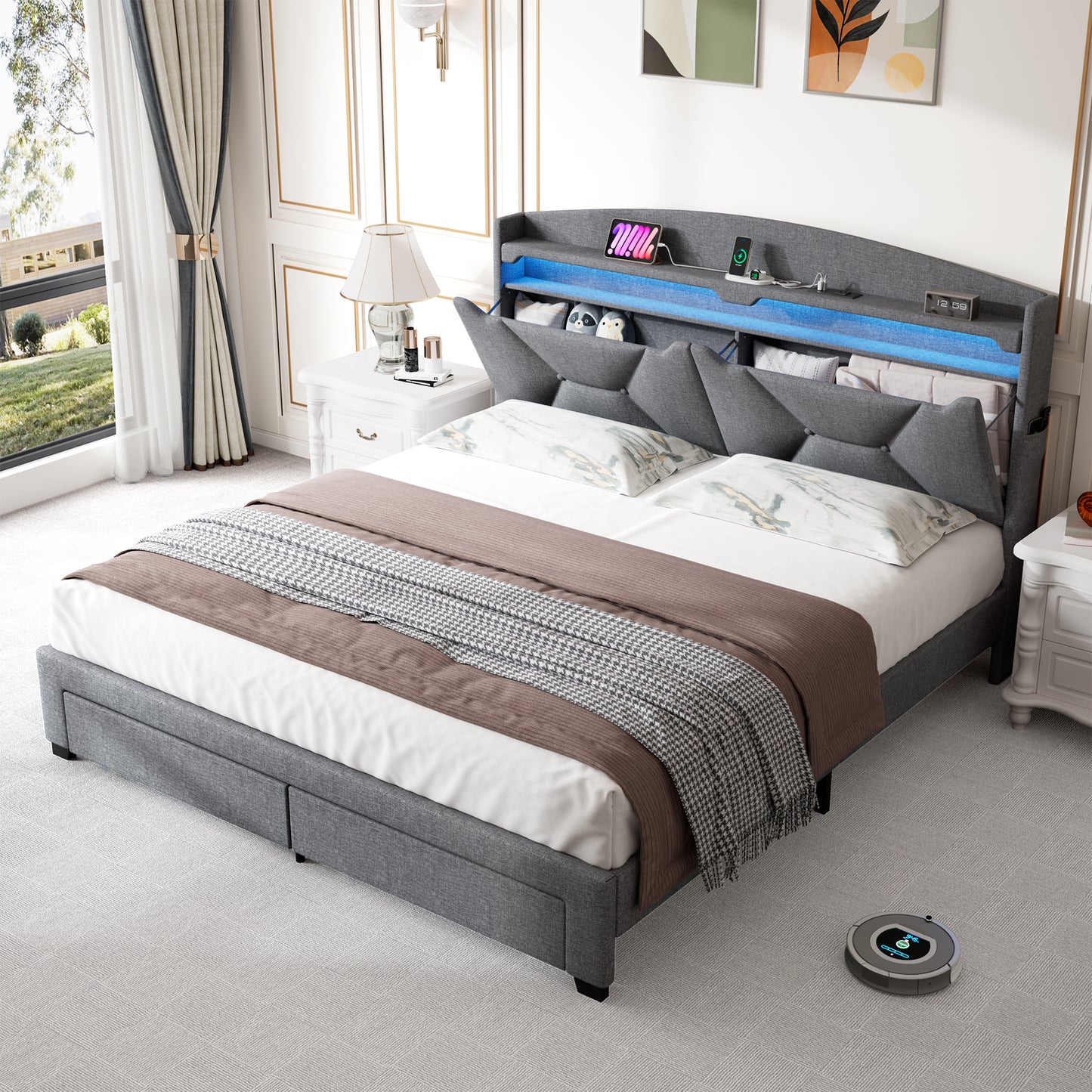 Contemporary grey fabric platform bed with integrated storage and LED lighting