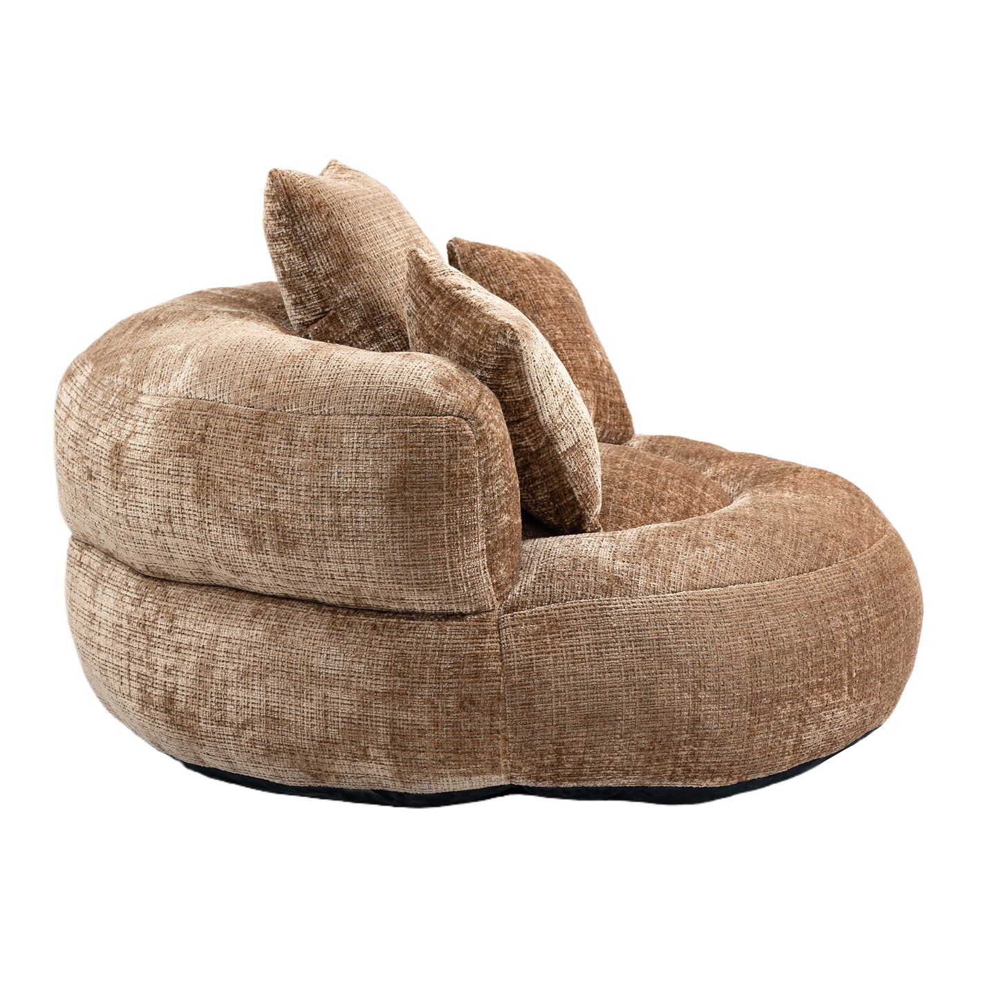 Plush velvet bean bag chair in warm taupe with two coordinating throw pillows