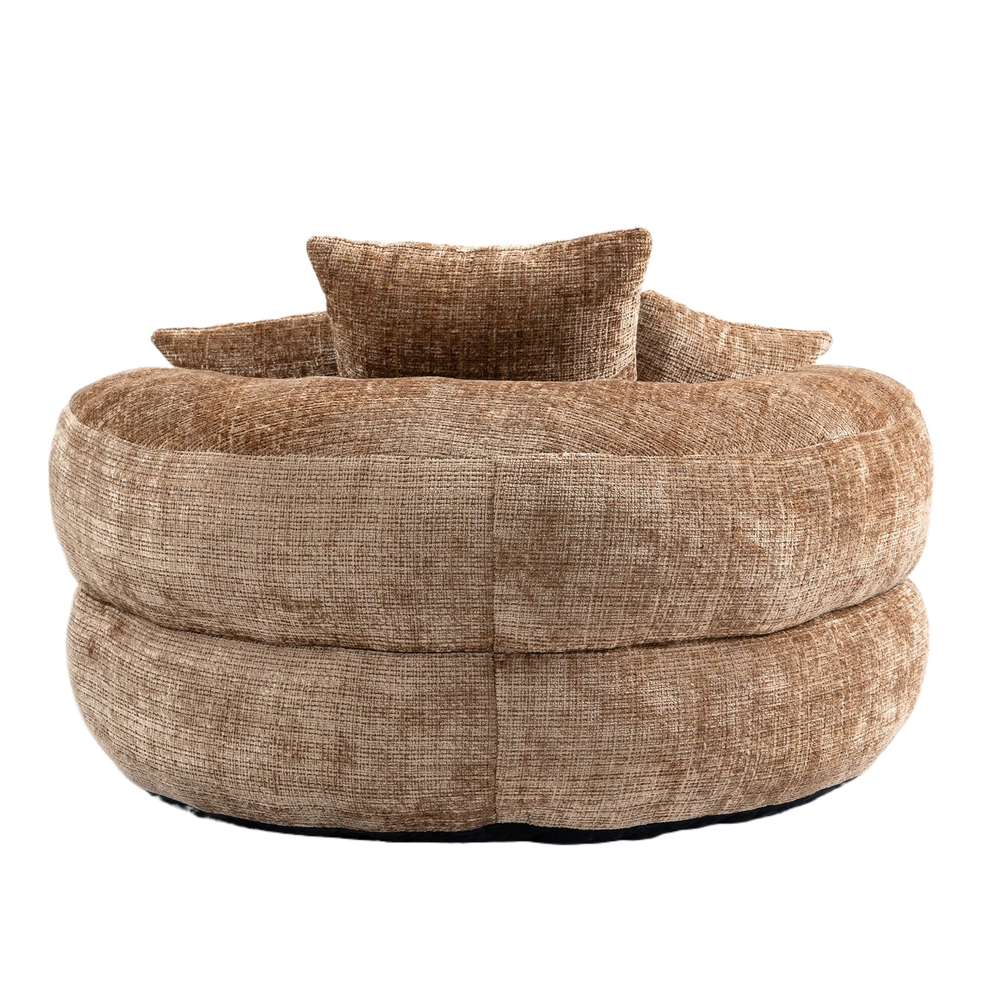 Plush taupe fabric armchair with rounded base and three supportive cushions for a cozy seating experience
