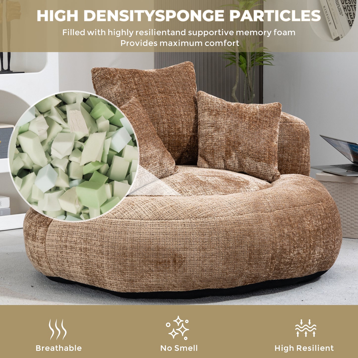 Brown textured armchair with plush cushions featuring highdensity sponge filling for ultimate comfort