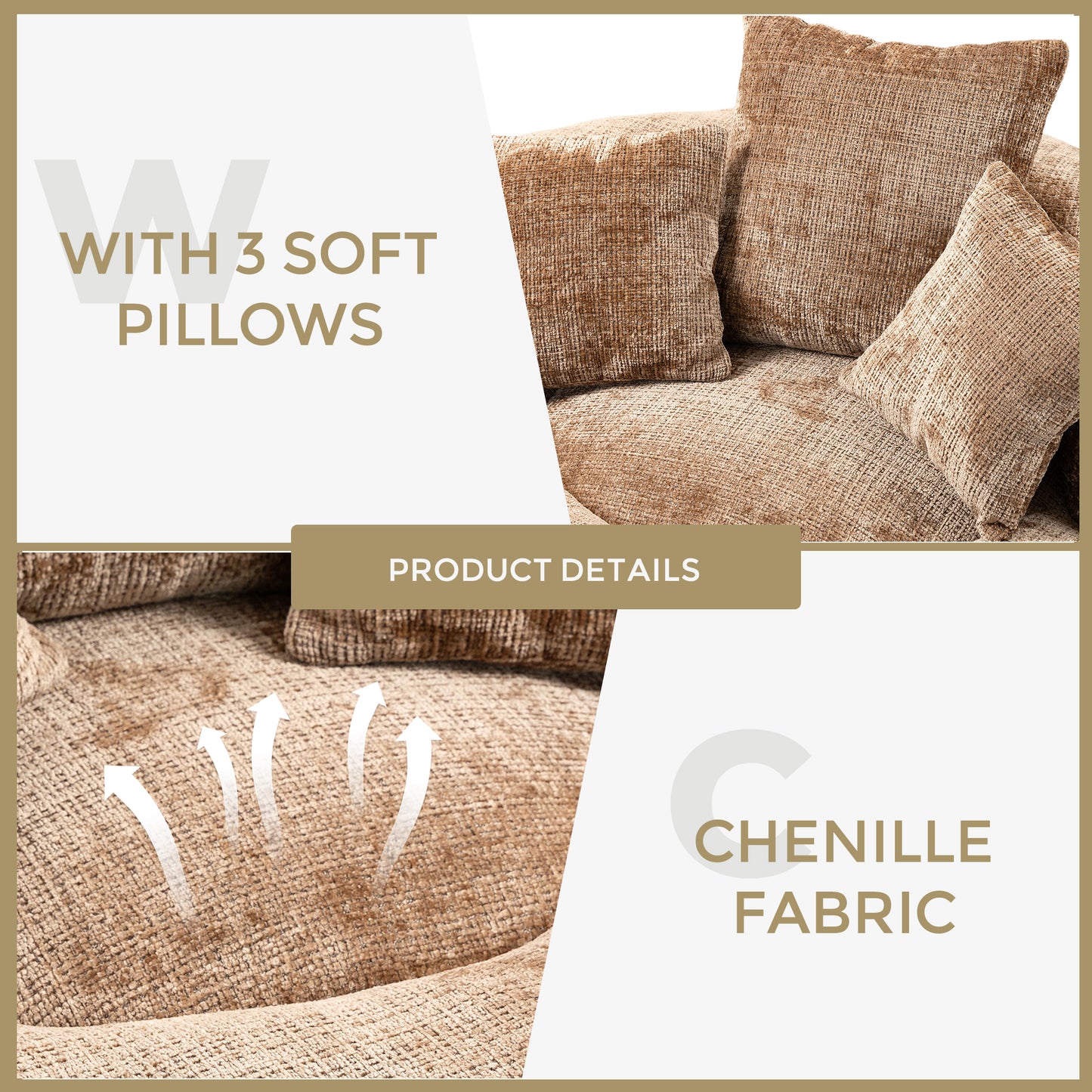 Closeup of plush brown chenille fabric on a sofa cushion with texture detail