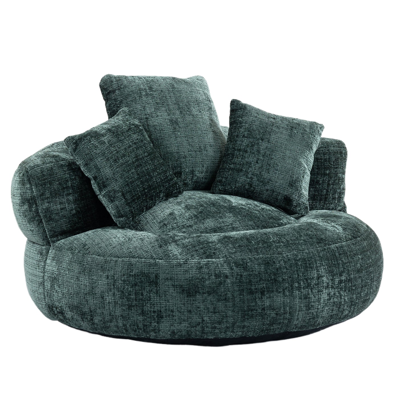 Plush round armchair in deep teal velvet with five oversized textured cushions for ultimate comfort