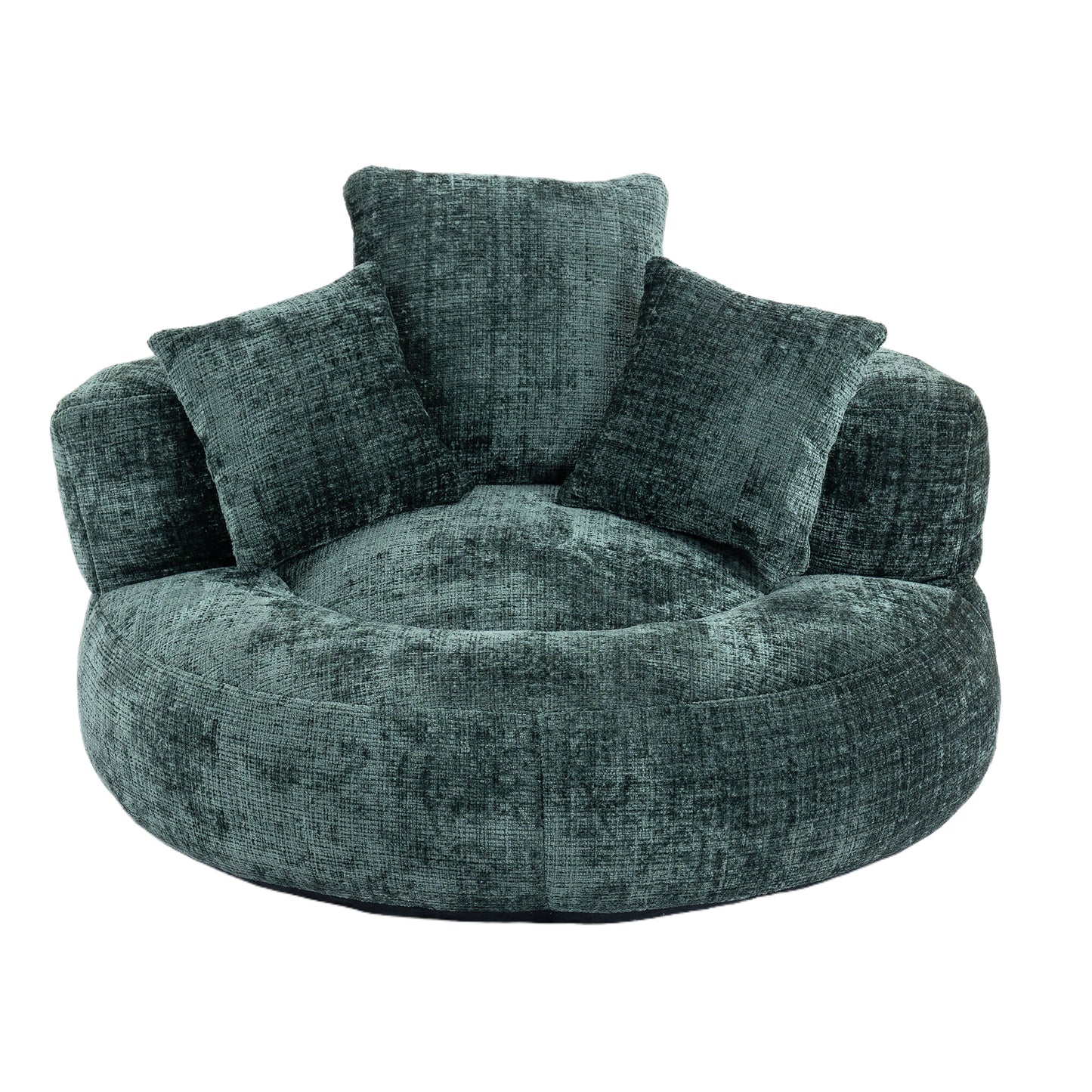 Deep teal boucle upholstered round sofa with four plush cushions modern seating