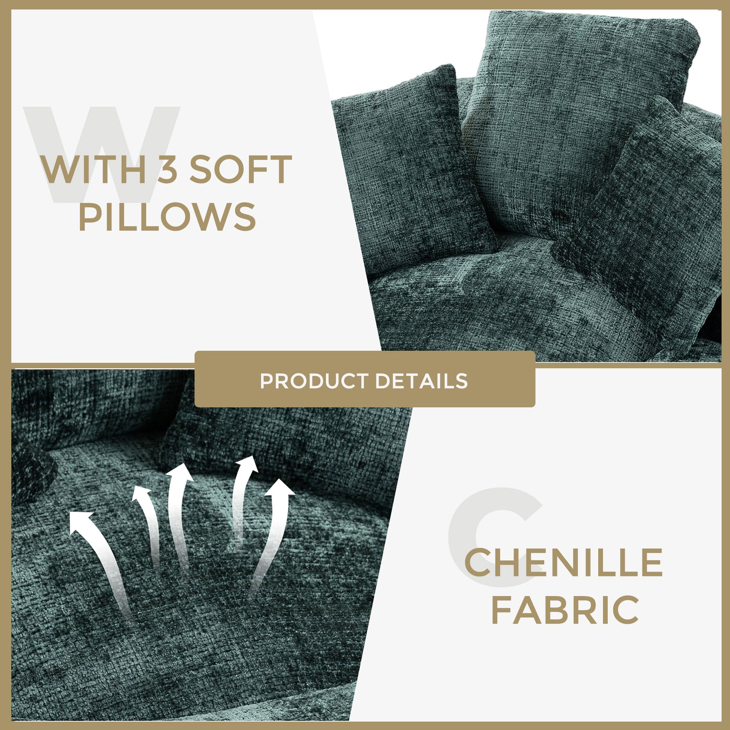 Deep teal chenille sofa with three soft textured throw pillows for comfort