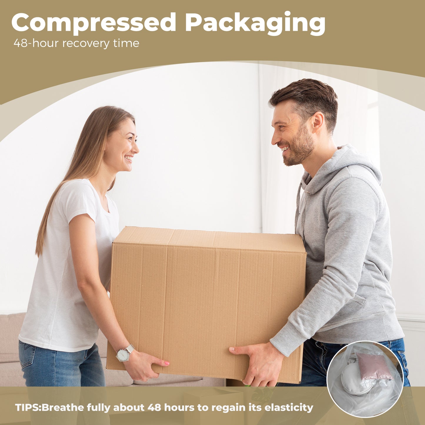 Couple carrying a large cardboard box representing compressed packaging delivery