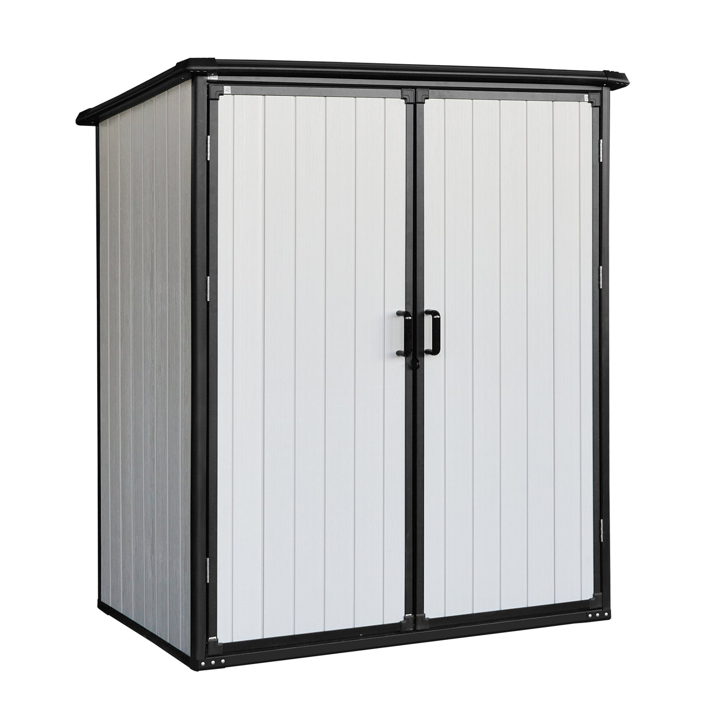 Tall grey and white resin shed with double doors ideal for garden storage