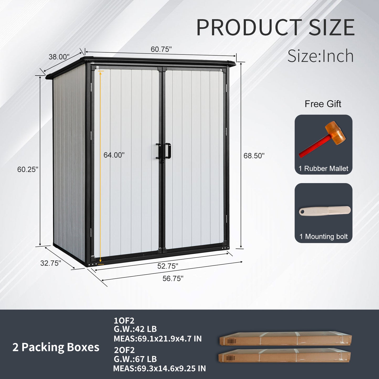 Gray metal storage shed with double doors H x W x D dimensions