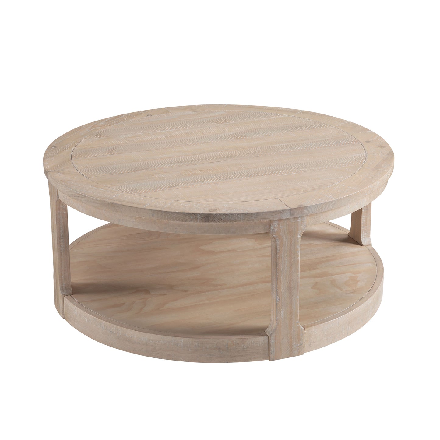 Round whitewashed wood coffee table with a lower shelf