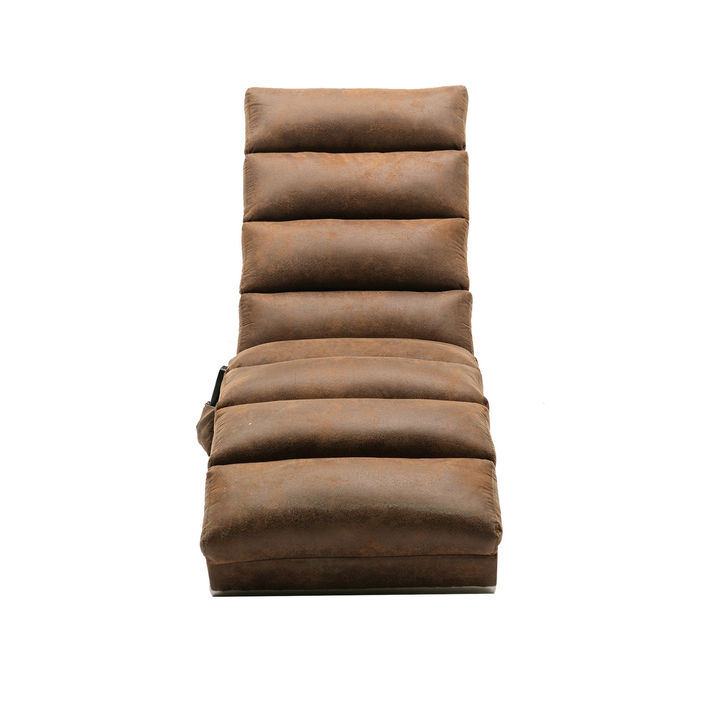 Brown faux suede lounge chair with horizontal tufting perfect for relaxation
