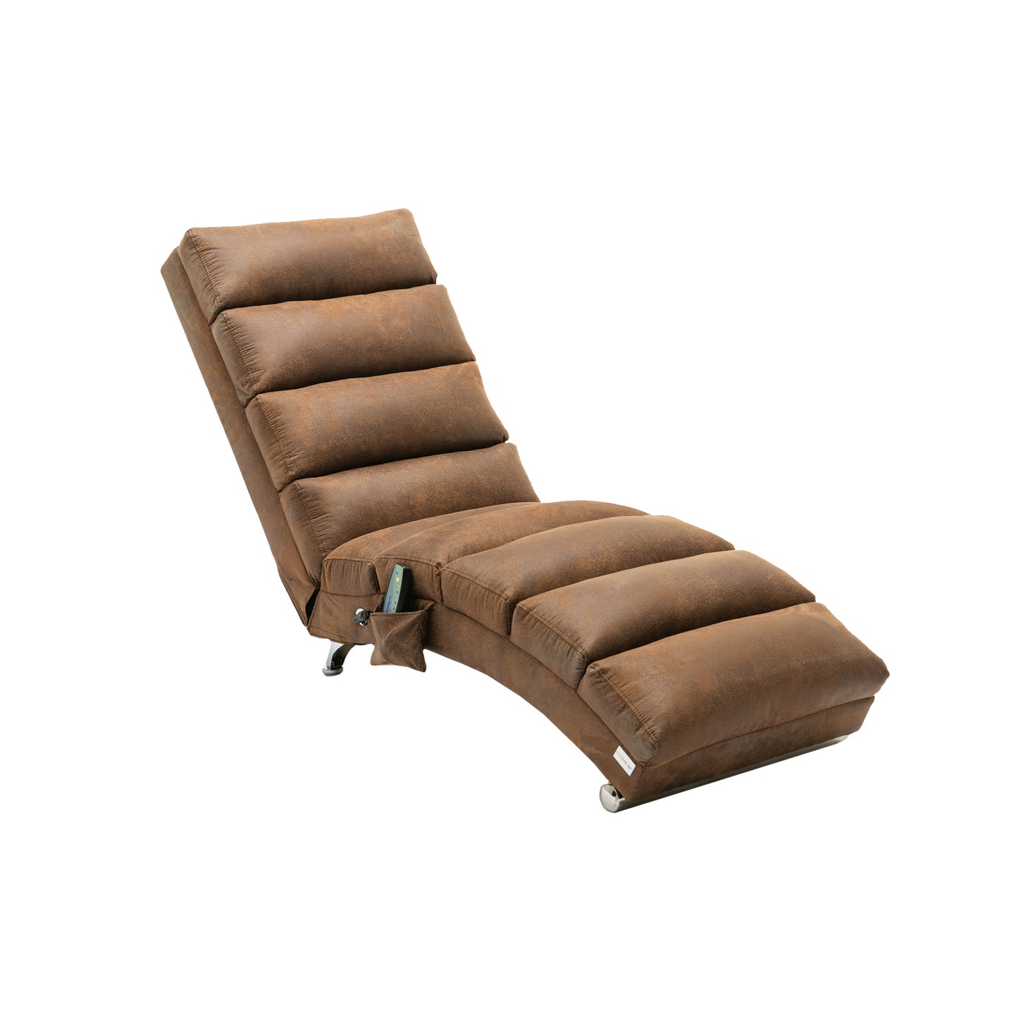 Brown faux suede chaise lounge with tufted cushions and side pocket for remote