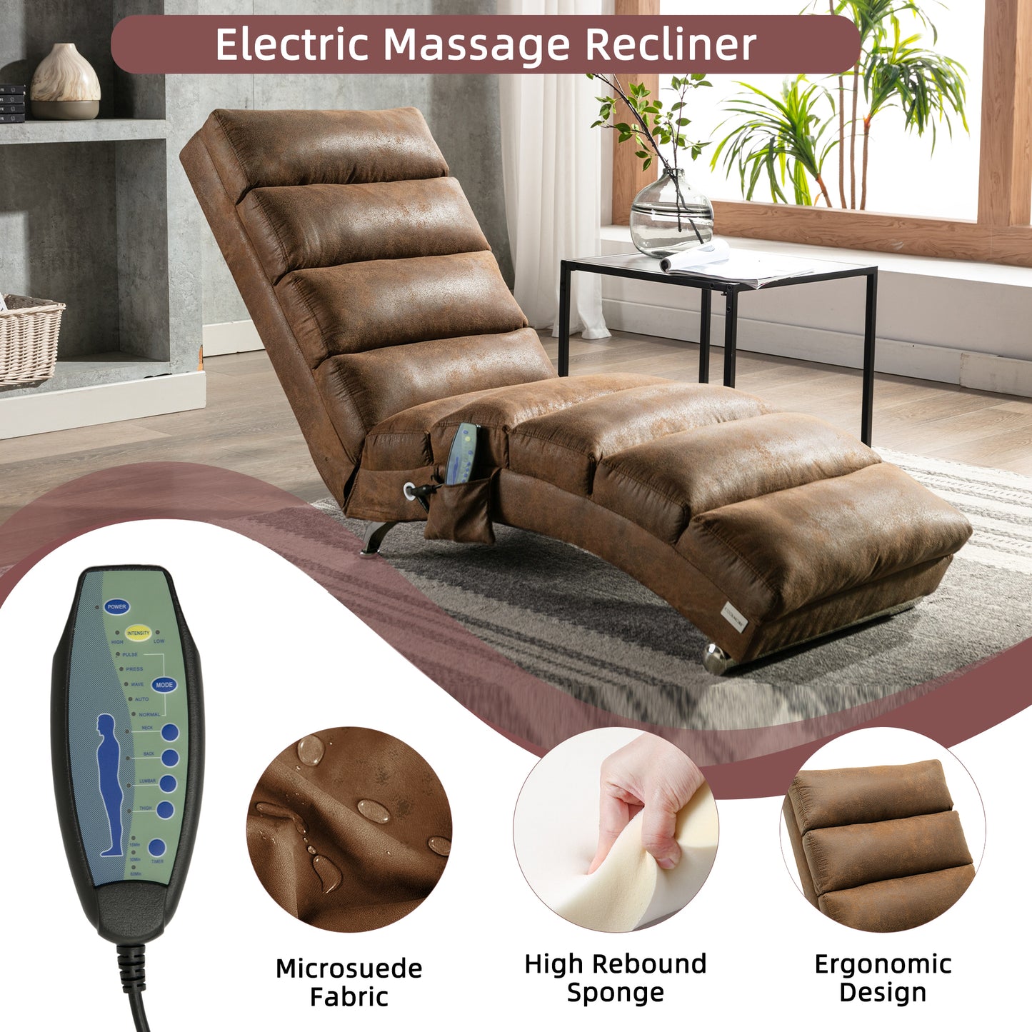Brown faux leather electric massage recliner with adjustable massage modes for ultimate relaxation