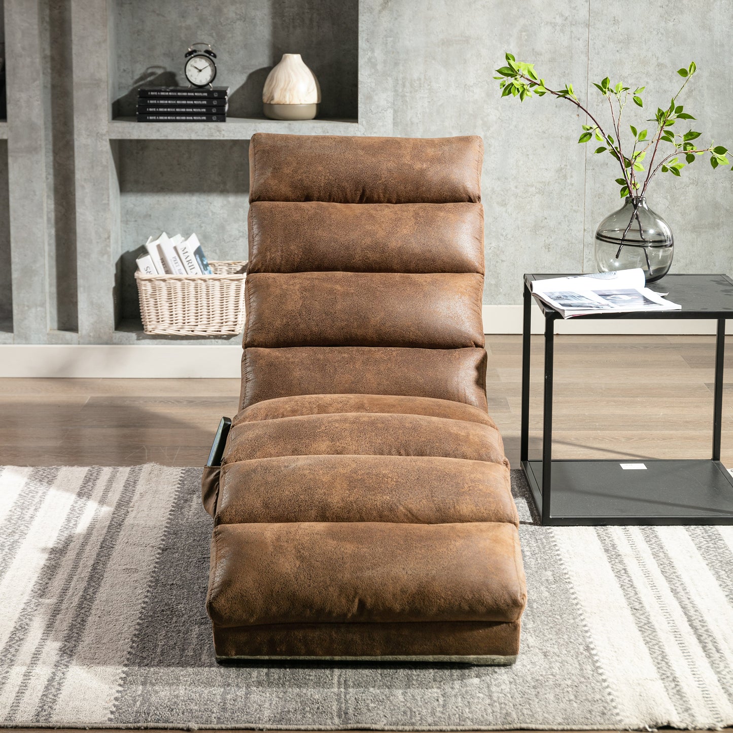 Brown faux suede reclining chair with adjustable back for ultimate relaxation