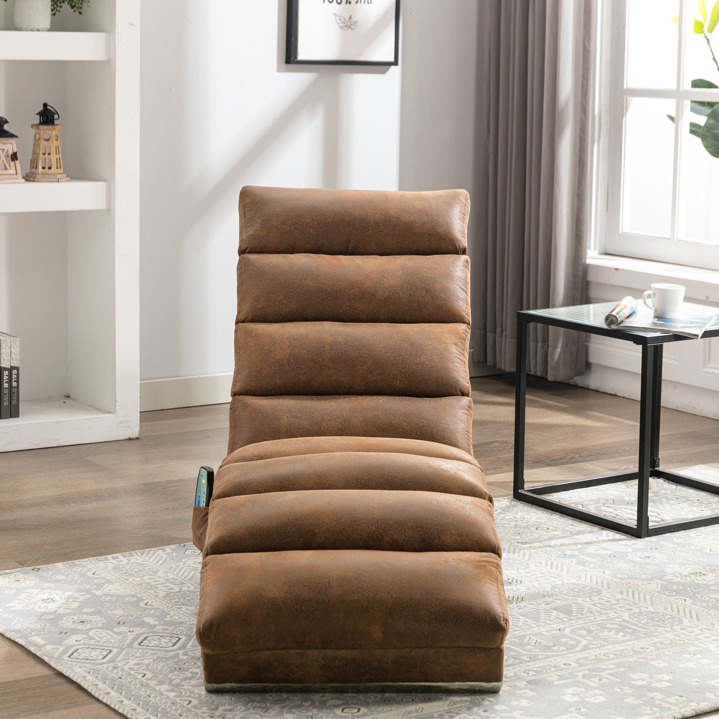 Brown faux leather recliner with horizontal tufting and side pocket