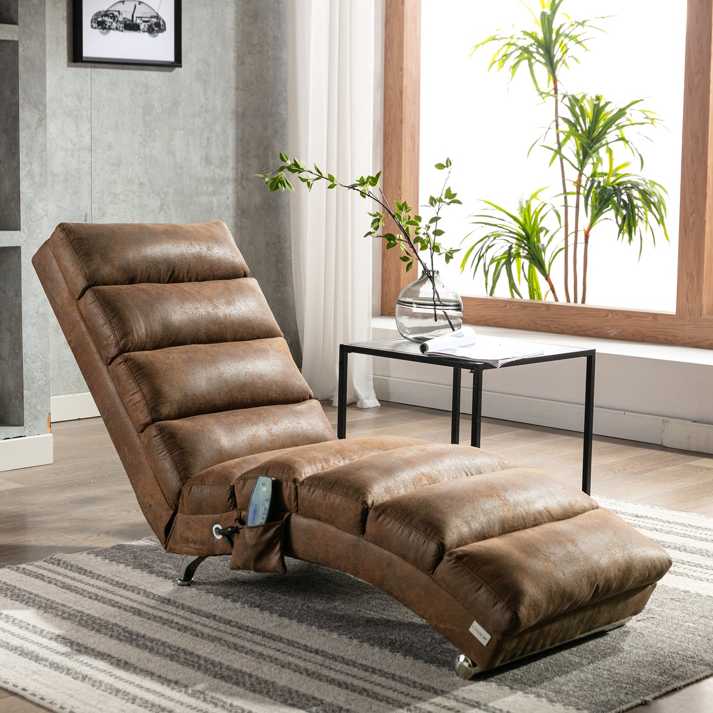 Brown faux leather recliner chaise lounge with massage controls and side pocket