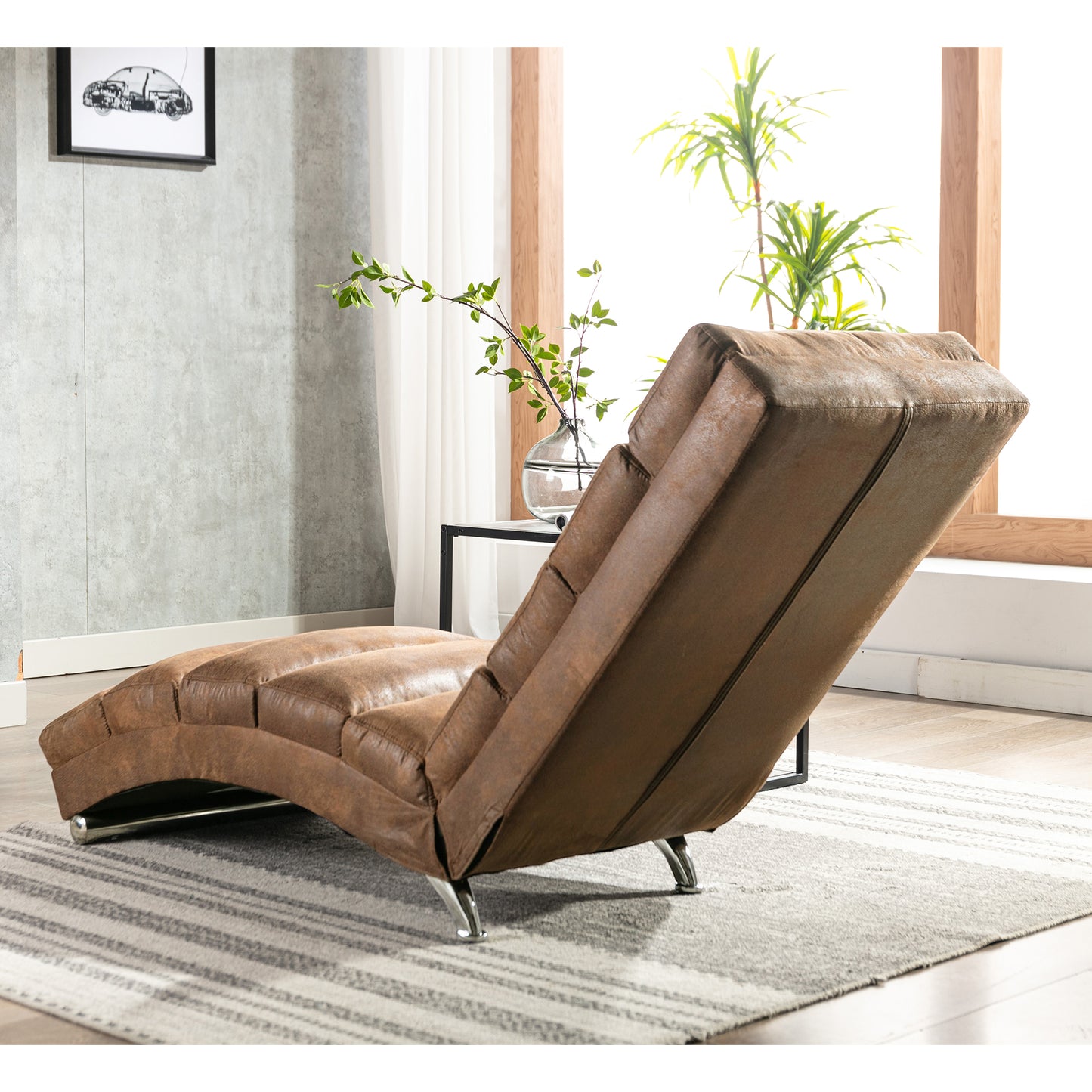 Brown leather chaise lounge with adjustable backrest chrome legs modern style