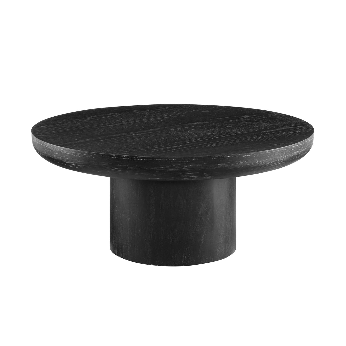 Dark wood round coffee table with a single pedestal base