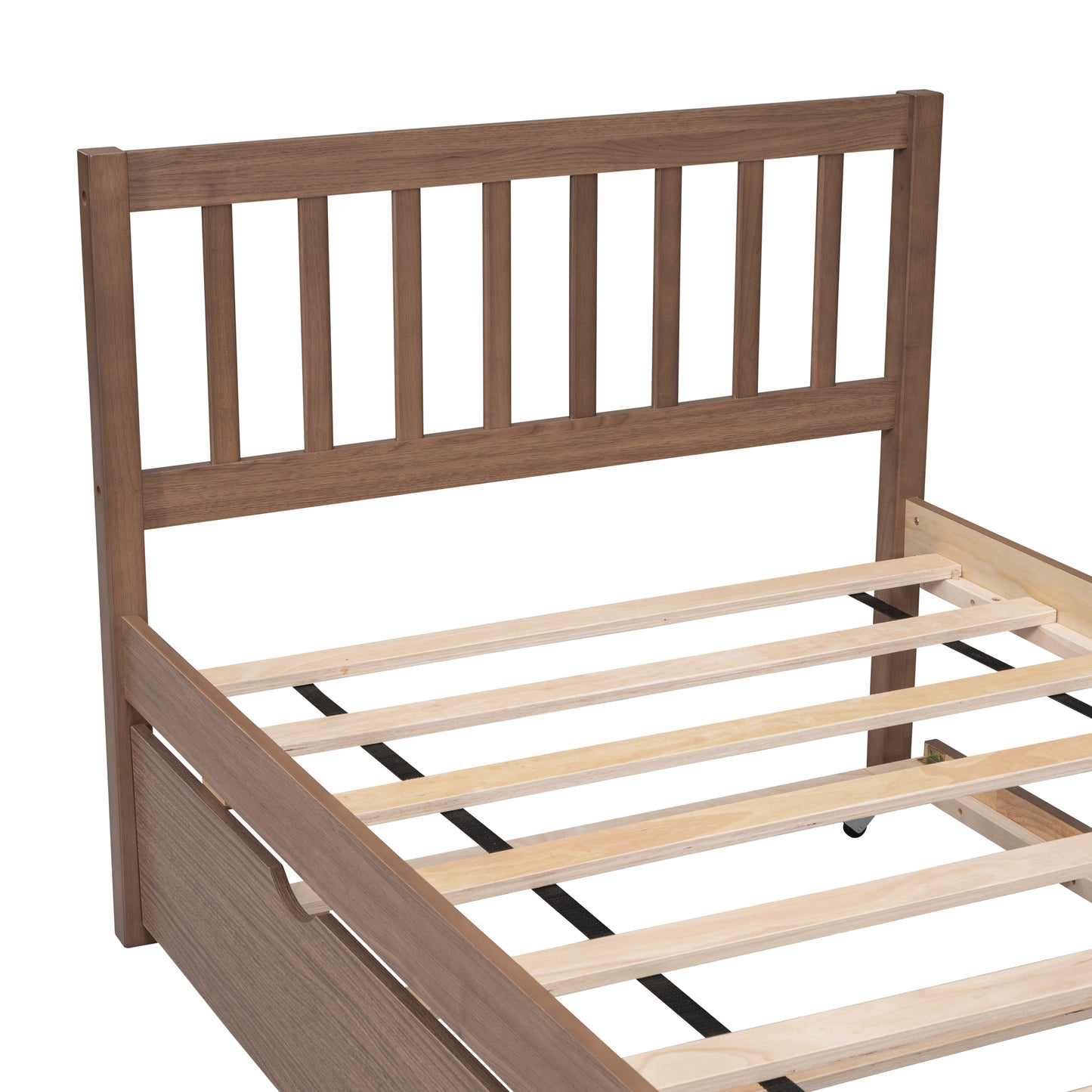 Wooden slatted bed frame with a brown wooden headboard