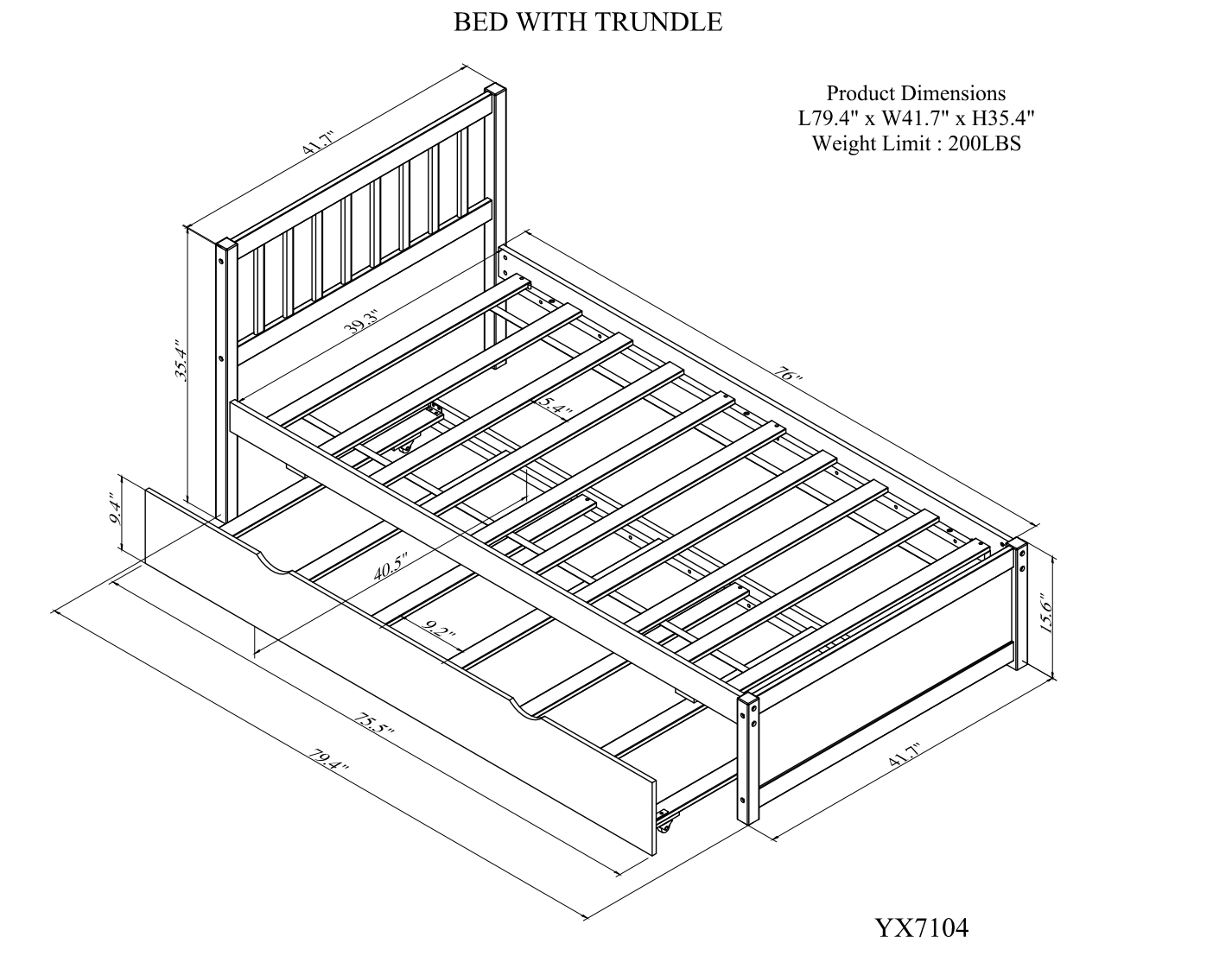 Line drawing of a twin bed with trundle featuring a slatted headboard and frame