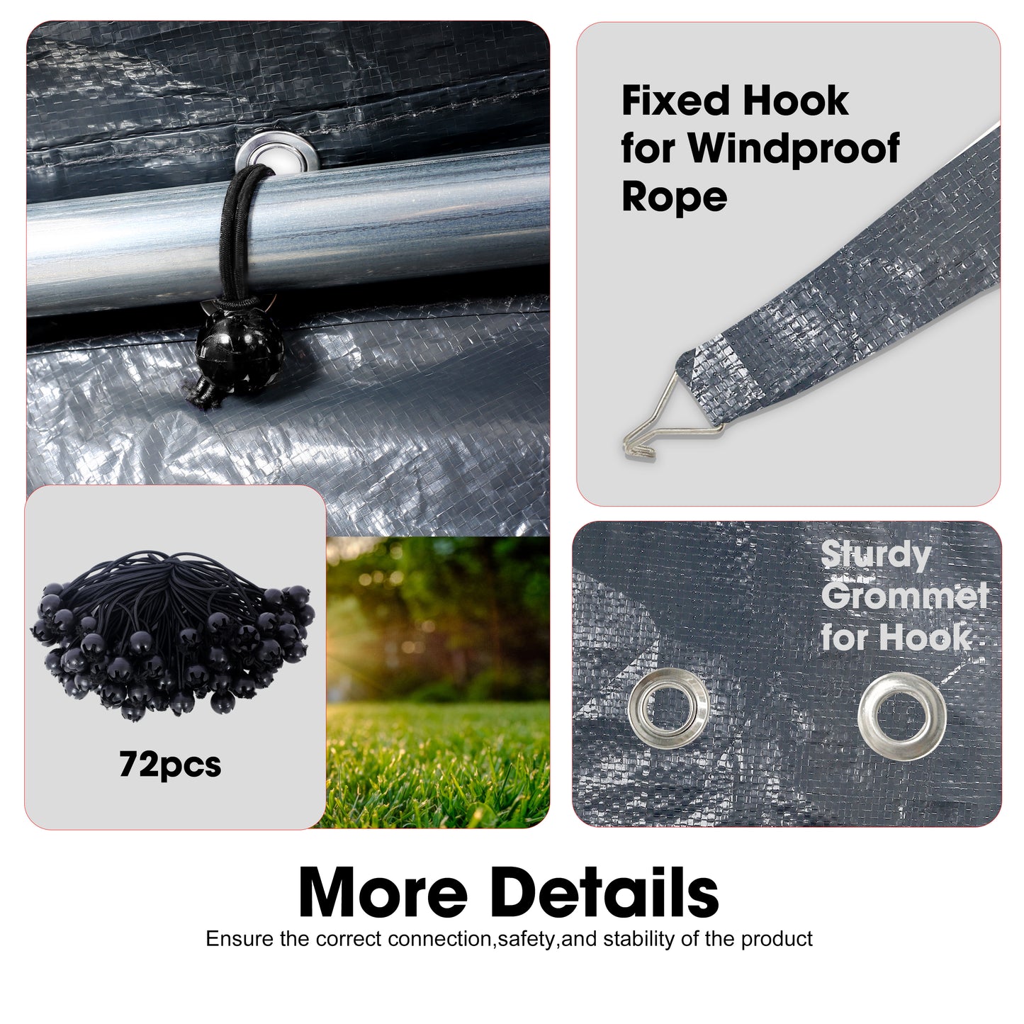 Closeup of a black bungee cord with a ball end securing a gray tarp to a metal pole