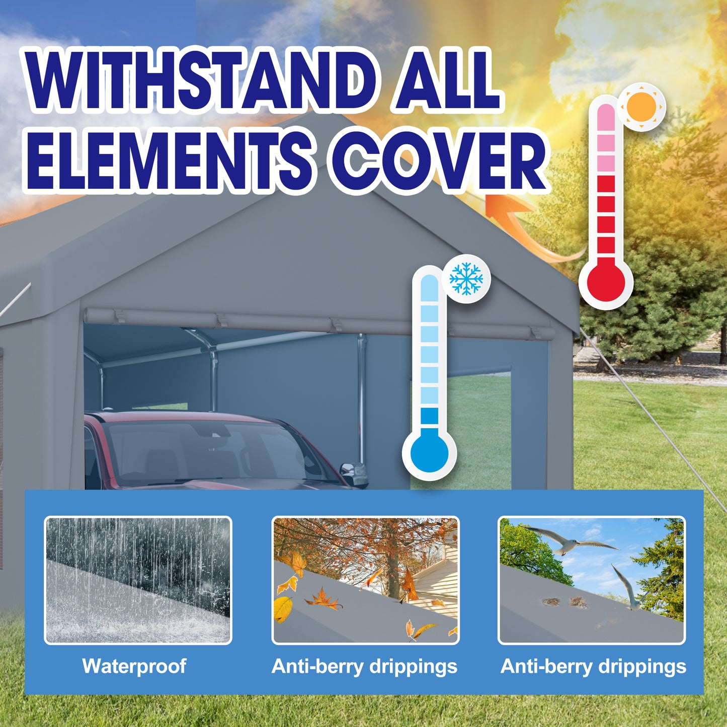 Heavy duty gray car canopy with clear text highlighting weather protection capabilities for vehicles