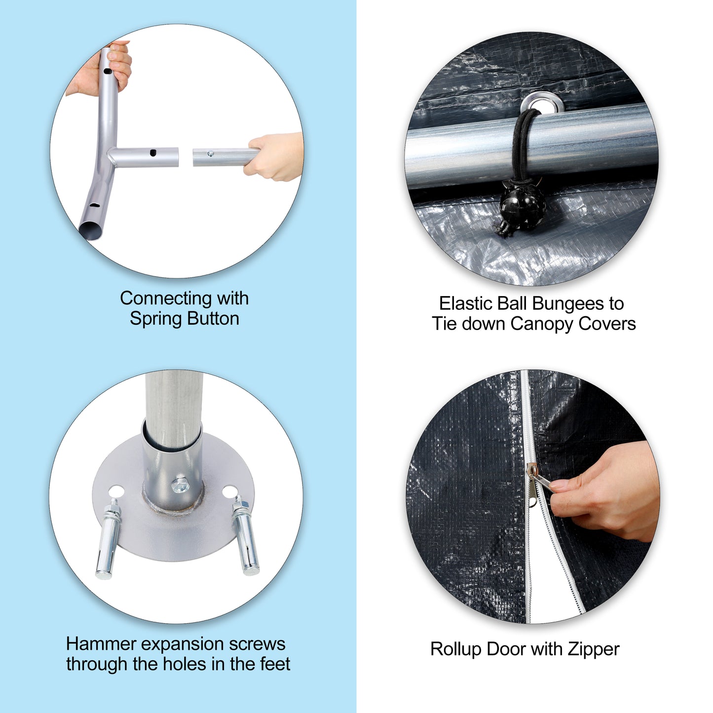 Connecting metal poles with spring button for easy tent assembly