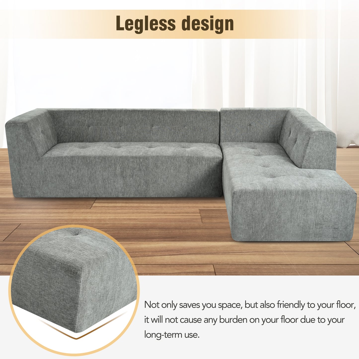 Gray upholstered sectional sofa with a modern legless design and tufted cushions