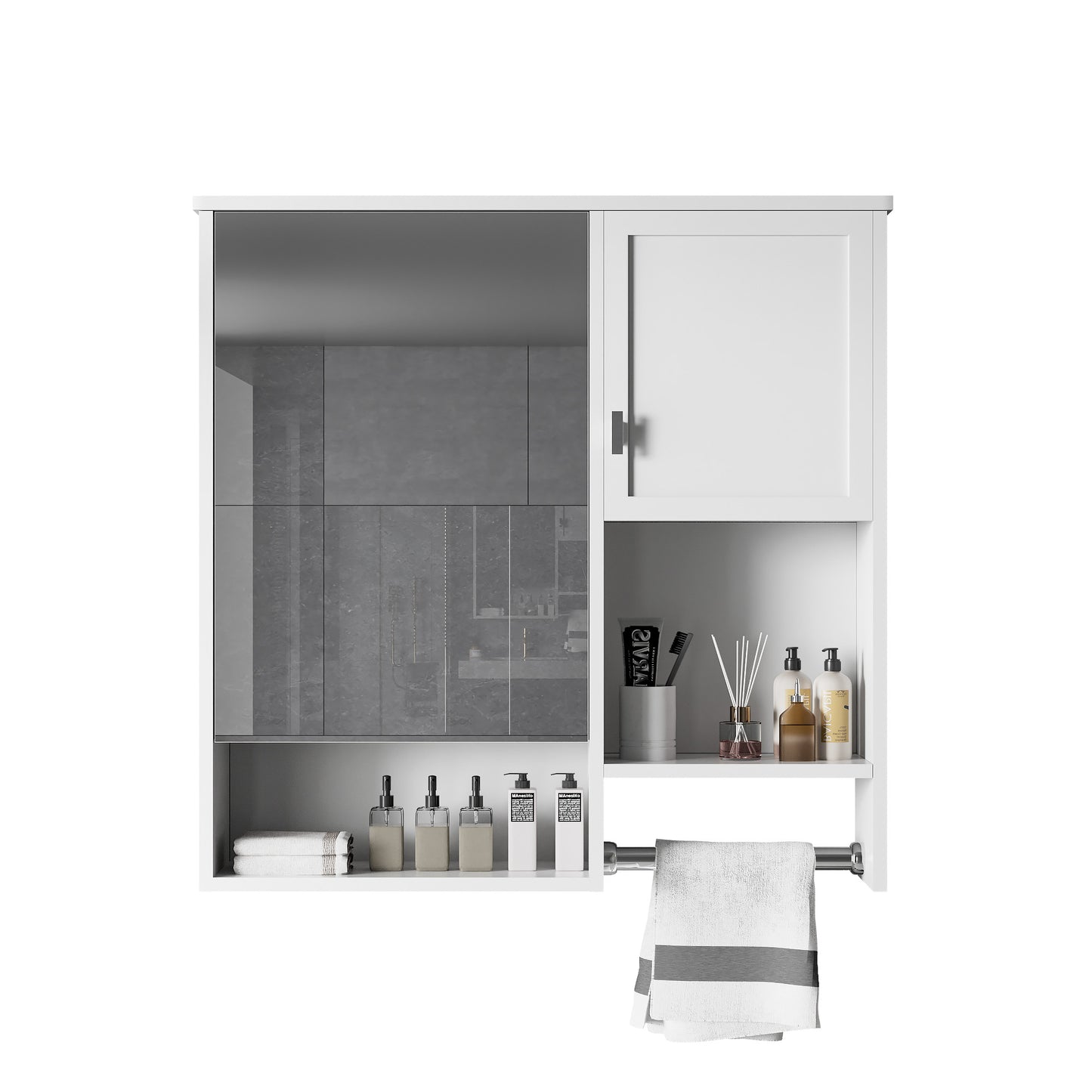 Modern white wallmounted bathroom cabinet with mirrored doors and storage shelves holding toiletries